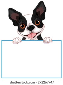 Cute Boston terrier holds a sign