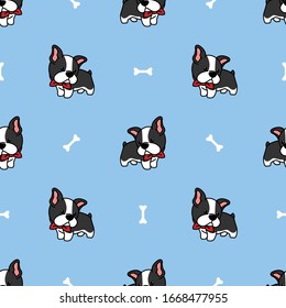 Cute boston terrier puppy cartoon seamless pattern, vector illustration