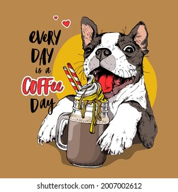 Un cachorro de Boston Terrier con una taza de café helado en un vaso con un helado y paja para beber. Tarjeta de humor, composición de camisetas, impresión a mano. Ilustración vectorial.