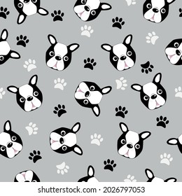 Cute boston terrier puppy head with paw prints cartoon seamless pattern, vector illustration