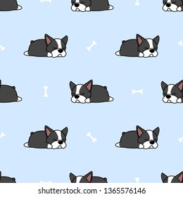 Cute boston terrier puppy sleeping with bone cartoon seamless pattern, vector illustration