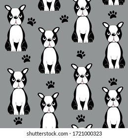 Cute Boston terrier seamless pattern on gray background. Good for textile print, wallpaper and wrapping paper,  gift design.