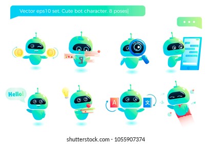 Cute bot character set. Chatbot greets. Online consultation. Vector cartoon illustration