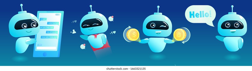Cute bot character set. Chatbot greets. Online consultation. Vector cartoon illustration