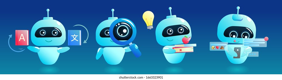 Cute Bot Character Set. Chatbot Greets. Online Consultation. Vector Cartoon Illustration