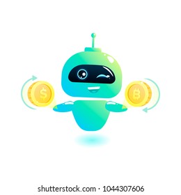 Cute Bot  Currency Exchange. Chatbot Greets. Online Consultation. Vector Cartoon Illustration