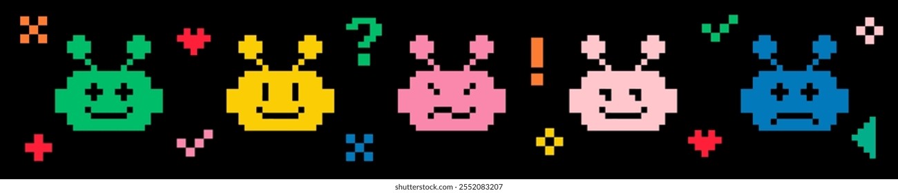 Linguagem de ícone de bot bonito. Pixel art. Conjunto de Chatbot. Design infantil ingênuo. Padrão simples geométrico abstrato. Adesivos de pixels divertidos da moda Y2k. O humor da estética dos anos 90. Ilustração de vetor de estilo retro de 8 bits