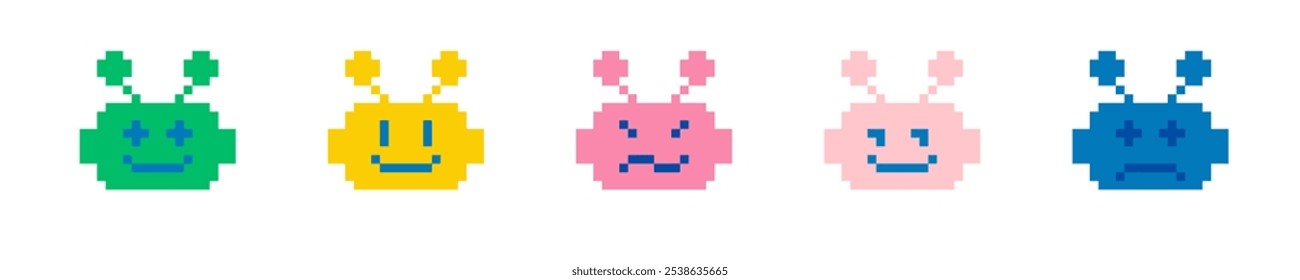 Cute bot icon set. Pixel art. Chatbot. Naive childish design. Abstract geometric simple pattern. Y2k trendy playful pixels stickers. Mood of 90's aesthetics. 8 bit retro style vector illustration