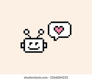 Cute bot pixel art icon. Robot. Speech bubble with heart. Love. Chatbot 8 bit emoji. Vintage retro sticker. Editable pixel vector illustration. Game abstract element. Y2k geometric shape for collage