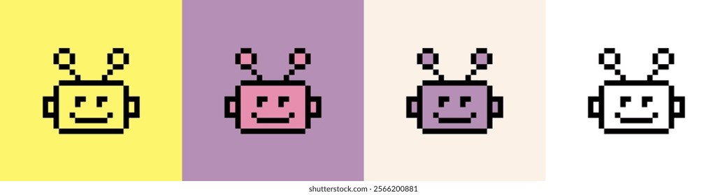 Cute bot pixel art icon line. Robot head horizontal seamless pattern. Chatbot 8 bit emoji. Vintage retro sticker. Editable pixel vector illustration. Game abstract element. Y2k geometric shape