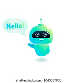 Cute bot say users Hello. Chatbot greets. Online consultation. Vector cartoon illustration