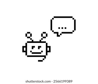 Cute bot support service pixel art icon. Robot head answering. Speech bubble. Chatbot 8 bit emoji. Vintage retro sticker. Editable pixel vector illustration. Game abstract element. Y2k geometric shape