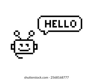 Cute bot support service pixel art icon. Robot head answering. Speech bubble Hello. Chatbot 8 bit emoji. Retro sticker. Editable pixel vector illustration. Game abstract element. Y2k geometric shape