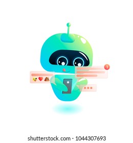 Cute bot tap phone, send message. Chatbot greets. Online consultation. Vector cartoon illustration