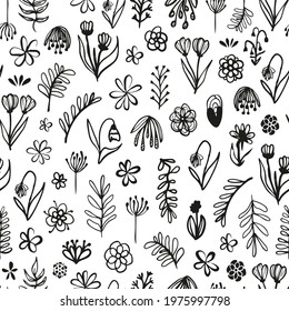 Cute botanical doodles seamless repeat pattern. Vector flowers, leaves, branches plants outlines all over surface print.