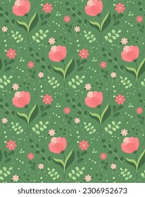 Cute botanical floral pattern. Seamless vector tulip pattern on a green background. Tender background with pink flowers and leaves.