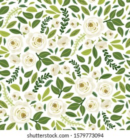 Cute botanical floral seamless pattern background with bouquets of hand drawn rustic white roses flowers and green leaves branches, vector arrangements for wedding, baby shower, spring design