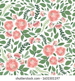 Cute botanical floral seamless pattern background with bouquets of hand drawn rustic roses flowers and leaves branches, neutral colors for wedding, baby shower, spring design