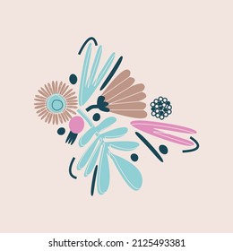 Cute botanical illustration with flowers, plants, berries. Vector card, print, design. 
