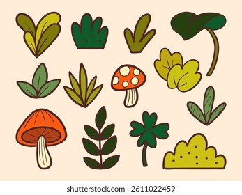 Cute Botanical and Mushroom Doodle. A collection of 13 hand drawn leaves bushes clovers and mushrooms in a playful cartoon style perfect for nature themes forest scenes and kids illustrations