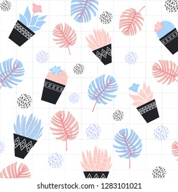 Cute botanical pattern cactus, vector illustration watercolor hand drawn