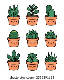 Linda Planta Botánica Cactus Suculenta Colección Vector Dibujo Doodle Pegatina EPS JPG PNG