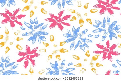 Cute botanical seamless pattern with abstract ink hand drawn red, blue, yellow daisy flowers. Sketch vector floral print with brush stroke blossoms for textile, surface design, wallpaper