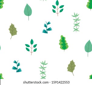 Cute botanical seamless pattern with cartoon bright green leaves and branches on white background. Lovely floral texture with herbs for textile, wrapping paper, surface, wallpaper