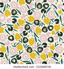 Cute botanical seamless pattern with flowers and plants. Vector background, print, design