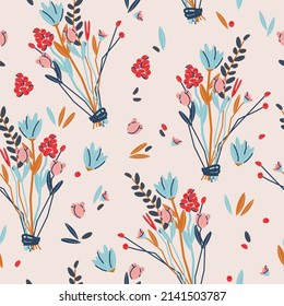 Cute botanical seamless pattern with flowers. Vector background, print, design