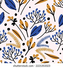 Cute botanical seamless pattern with flowers, berries, spruce branches. Vector background, print, design