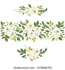 Cute botanical theme floral background with bouquets of hand drawn rustic white roses flowers and green leaves branches, vector arrangements for greeting card, wedding invitation, spring garden design