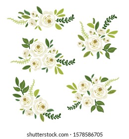 Cute botanical theme floral background with bouquets of hand drawn rustic white roses flowers and green leaves branches, vector arrangements for greeting card, wedding invitation, spring garden design