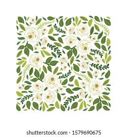 Cute botanical theme floral background with bouquets of hand drawn rustic white roses flowers and green leaves branches, vector arrangements for greeting card, wedding invitation, spring garden design