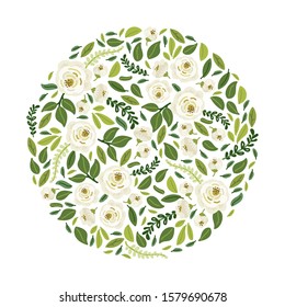Cute botanical theme floral background with bouquets of hand drawn rustic white roses flowers and green leaves branches, vector arrangements for greeting card, wedding invitation, spring garden design