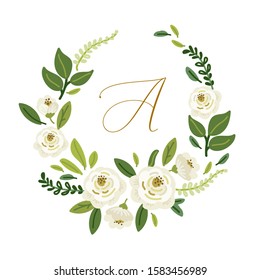 Cute botanical theme floral background with bouquets of hand drawn rustic white roses flowers and green leaves branches, vector arrangements for greeting card, wedding, bridal shower etc