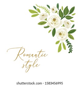 Cute botanical theme floral background with bouquets of hand drawn rustic white roses flowers and green leaves branches, vector arrangements for greeting card, wedding, bridal shower etc