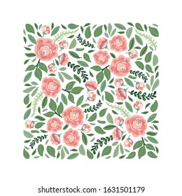 Cute botanical theme floral background with bouquets of hand drawn rustic roses flowers and eaves branches, neutral colors vector arrangements for greeting card, wedding invitation, spring design