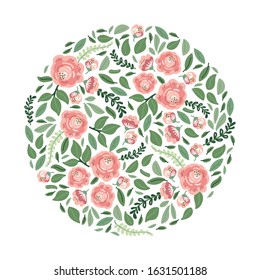 Cute botanical theme floral background with bouquets of hand drawn rustic roses flowers and eaves branches, neutral colors vector arrangements for greeting card, wedding invitation, spring design