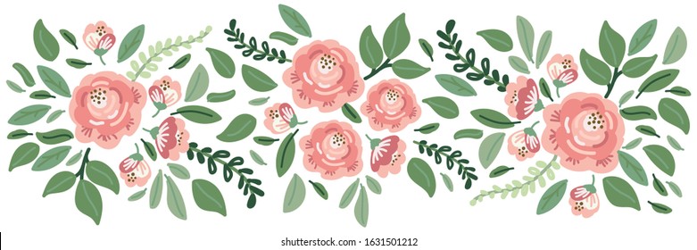 Cute botanical theme floral background with bouquets of hand drawn rustic roses flowers and leaves branches, neutral colors vector arrangements for greeting card, wedding invitation, spring design