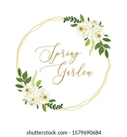 Cute botanical theme floral frame background with bouquets of hand drawn rustic white roses flowers and green leaves branches, vector arrangements for greeting card, wedding invitation, spring design