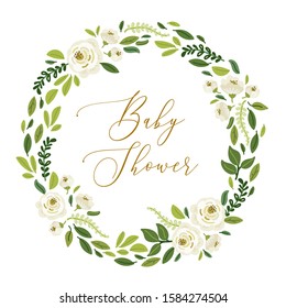 Cute botanical theme floral frame background with bouquets of hand drawn rustic white roses flowers and green leaves branches, vector arrangements for baby shower, wedding invitation, spring design