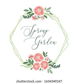 Cute botanical theme floral frame background with bouquets of hand drawn rustic roses flowers, leaves branches, neutral colors vector arrangements for greeting card, wedding invitation, spring design