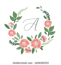 Cute botanical theme floral frame background with bouquets of hand drawn rustic roses flowers, leaves branches, neutral colors vector arrangements for greeting card, wedding invitation, spring design