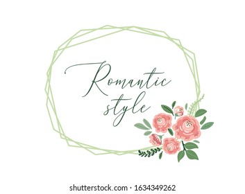 Cute botanical theme floral frame background with bouquets of hand drawn rustic roses flowers, leaves branches, neutral colors vector arrangements for greeting card, wedding invitation, spring design