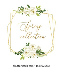 Cute botanical theme geometric frame background with bouquets of hand drawn rustic white roses flowers and green leaves branches, vector arrangements for spring greeting card, wedding invitation etc
