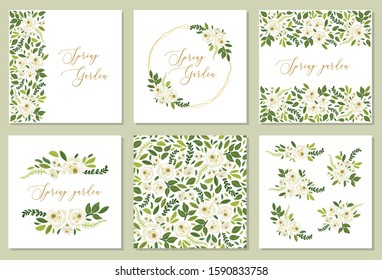 Cute botanical theme set of floral frame background with bouquets of hand drawn rustic white roses spring flowers and green leaves branches, vector arrangements for greeting card, wedding invitation