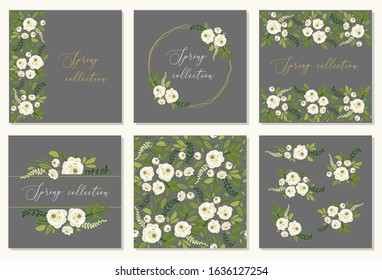 Cute botanical theme set of floral frame background with bouquets of hand drawn rustic white roses spring flowers and green leaves branches, vector arrangements for greeting card, wedding invitation