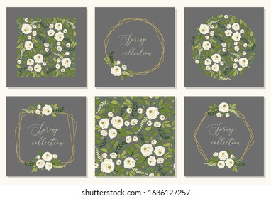 Cute botanical theme set of floral frame background with bouquets of hand drawn rustic white roses spring flowers and green leaves branches, vector arrangements for greeting card, wedding invitation