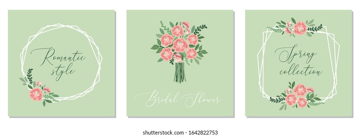 Cute botanical theme set of floral frame background with bouquets of hand drawn rustic roses spring flowers and leaves branches, vector arrangements for wedding invitation, baby or bridal shower etc